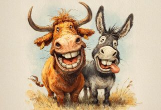 Grafika: wół i osioł z otwartymi pyskami, na trawce