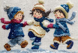 Zdjęcie: Makatka prezentująca troje dzieci bawiących się na śniegu