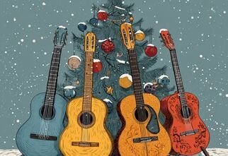 Grafika: cztery gitary kolorowe, oparte o choinkę