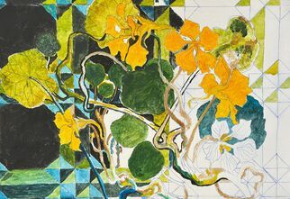 Zdjęcie: Obraz na wielobarwnym tle, żółte kwiaty i zielone łodygi