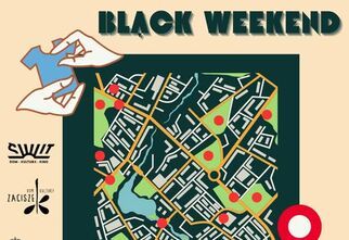 Grafika: plakat z napisem Przejdź do rzeczy z mapą na żółtym tle