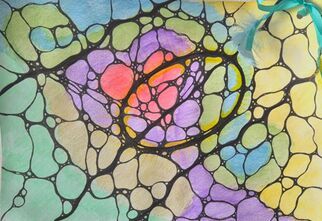 Zdjęcie: rysunek neurograficzny, zielony, żółty, fioletowy i czerwony, w środku okrąg z czarną obwódką