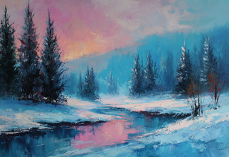 Zdjęcie: zimowy krajobraz, rzeka, połacie śniegu, choinki i góry w tle, fioletowo - niebieskie niebo, praca wykonana w technice akrylu