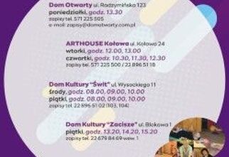 Plakat Gimnastyka dla Seniorek i Seniorów. Napis w kółku białym. Tło fioletowe