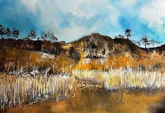 Zdjęcie: Pejzaż w kolorystyce żółto- beżowej na tle niebieskiego nieba z białymi chmurami