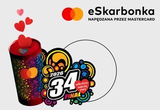 grafika: e-skarbonka napędzana przez mastercard, kolorowa puszka do której wpadają serduszka