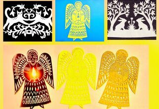 Zdjęcie: Kolaż z wycinanek, anioły w różnych kolorach na żółtym tle i wiejskie krajobrazy z czarnego papieru