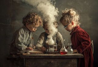 Zdjęcie: trójka dzieci na szarym tle przy parującym szklanym naczyniu