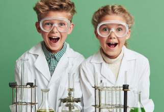 Zdjęcie: Chłopiec i dziewczyna w okularach ochronnych w białych fartuchach przy stole przy probówkach i szklanych naczyniach
