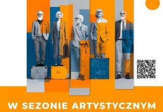 Plakat: zostań instruktorką/instruktorem w sezonie artystycznym 2026/2027, pięć dorosłych osób stojących na skrzyniach, pomarańczowe tło