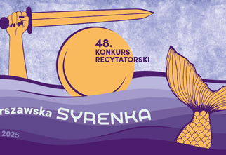 Grafika: 48. Konkurs Recytatorski Warszawska Syrenka, tarcza, miecz i ogon syrenki wystające z fioletowej wody