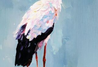 Zdjęcie: bocian na jasnoniebieskim tle namalowany farbą akrylową