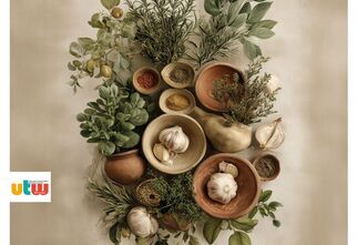 Plakat na spotkanie Klubu Zielarskiego. Na środku plakatu wśród ziół w miseczkach czosnek