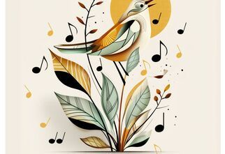 Plakat na koncert Przybywaj piękna wiosno. Na środku kolorowy ptaszek na gałązce i nutki