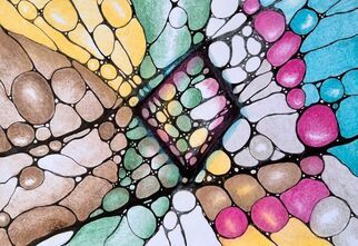 rysunek neurograficzny w różnych kolorach: niebieskim, różowy, żółtym, zielonym i brązowym z wyraźniejszymi, grubszymi liniami pośrodku w czarnym kolorze