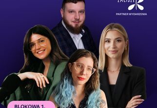 Zdjęcie: Plakat konferencji YourMind Insights, cztery młode osoby na środku na fioletowo-czarnym tle