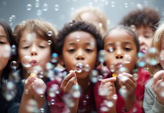 Zdjęcie: grupa dzieci robiących bańki