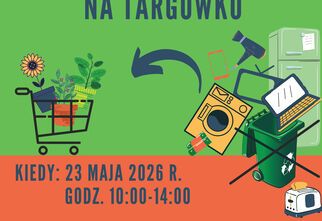 Zdjęcie: grafika na zielono-pomarańczowym tle z napisem Sadzonki za elektroodpady na Targówku, na środku po prawej stronie zużyte sprzęty i kosz na śmieci, po prawej koszyk jak z supermarketu z kwiatkami, na dole informacja o dacie i miejscu akcji