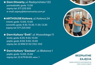 Plakat zajęć Gimnastyka dla Seniorek i Seniorów, w kółkach zdjęcia ćwiczących seniorek i seniorów