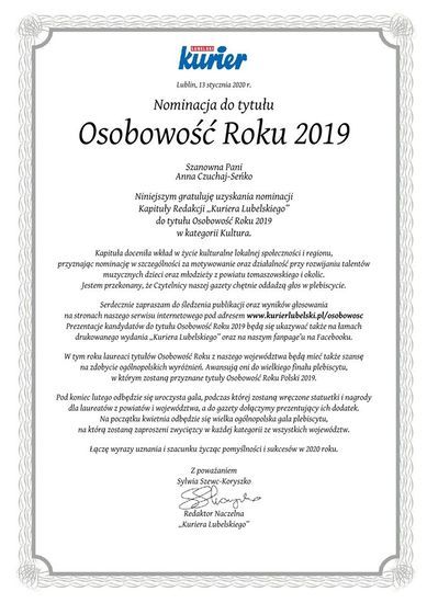 Dyplom przedstawiający nominację do tytułu Osobowość Roku 2019