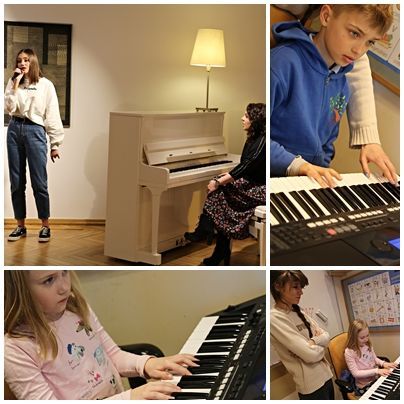 Kolaż zdjęć z dziećmi grającymi na pianinie i śpiewającymi