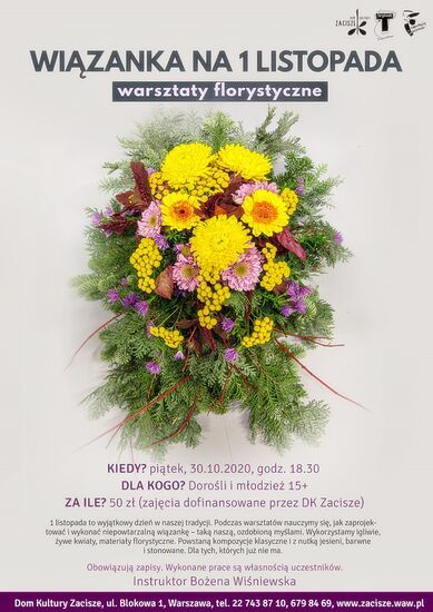 Plakat promujący warsztaty florystyczne. Na plakacie kompozycja roślinna z żółtych i fioletowych kwiatów.