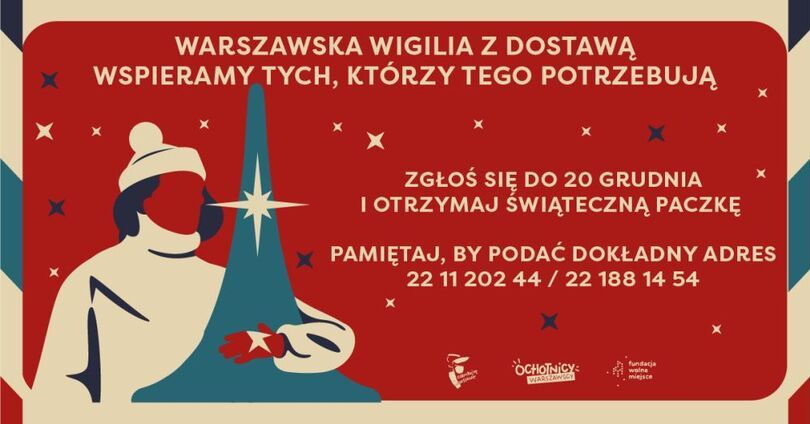 Plakat promujący warszawską akcję wigilijną. W lewym rogu grafika postaci w zimowym stroju.