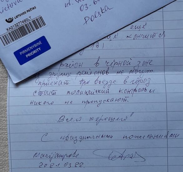 Koperta z listem pisanym po rosyjsku.