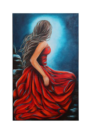 Obraz przedstawiający kobietę w czerwonej sukni zwróconą w kierunku światła