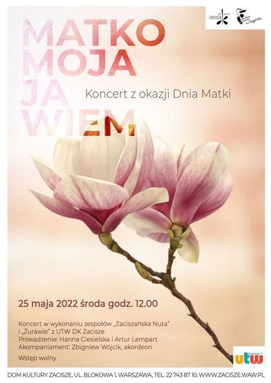 Plakat koncertu. Na środku kwiat różowej magnolii