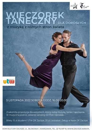 Plakat z tańczącą parą na niebieskim tle. Informacje zawarte dostępne w tekście poniżej