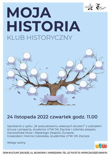 Plakat spotkania Klubu Historycznego na niebieskim tle