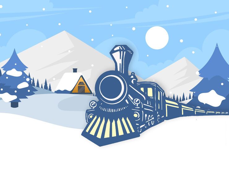 Grafika z zimowym krajobrazem i pociągiem