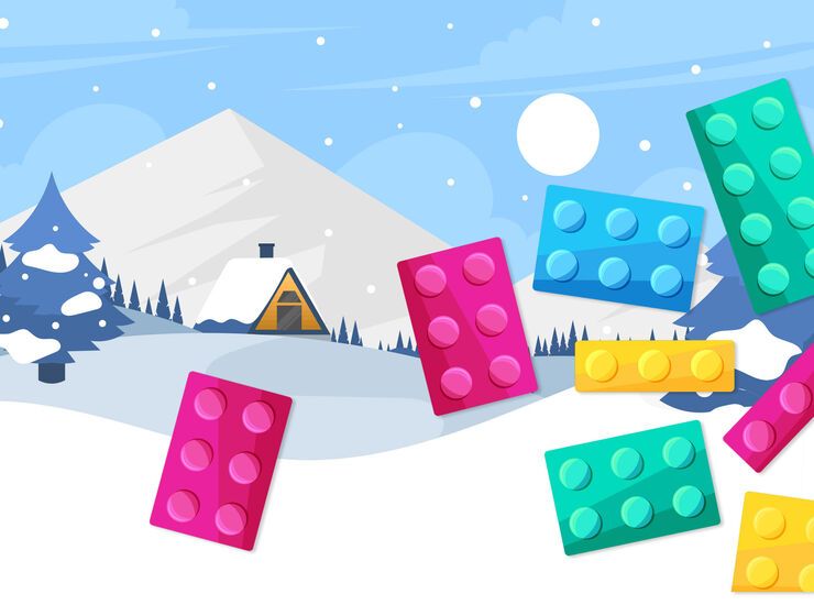 Grafika z zimowym krajobrazem i kolorowymi budowlami z klocków LEGO