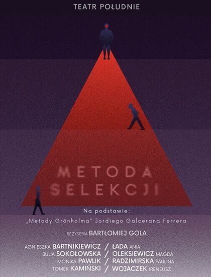 Plakat przedstawiający czerwony trójkąt i postacie wokół niego z informacjami o spektaklu