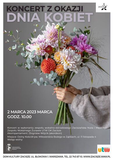 Plakat przedstawiający dłonie trzymające bukiet kwiatów, informuje on o koncercie z okazji dnia Kobiet