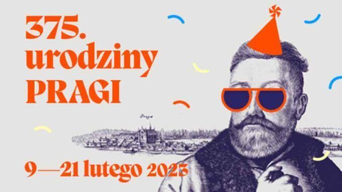 Plakat na Urodziny Pragi. Portret mężczyzny w czerwonej czapeczce i czerwonych okularach