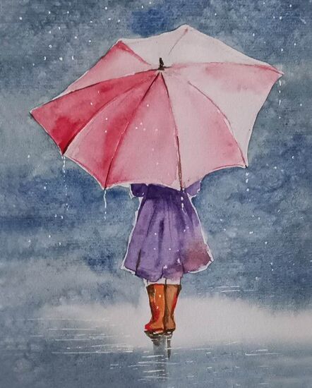 Postać odwróconej dziewczynki z różowym parasolem
