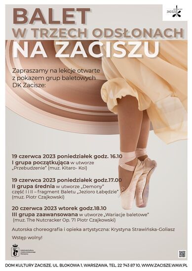 Plakat z grafiką prezentującym nogi tancerki w baletkach w wirującymi falbanami spódnicy. Tekst dostępny w informacji poniżej