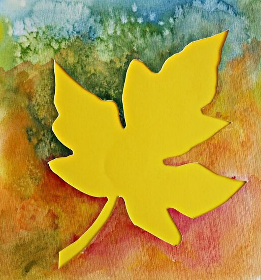 Żółty liść klonu na kolorowym tle