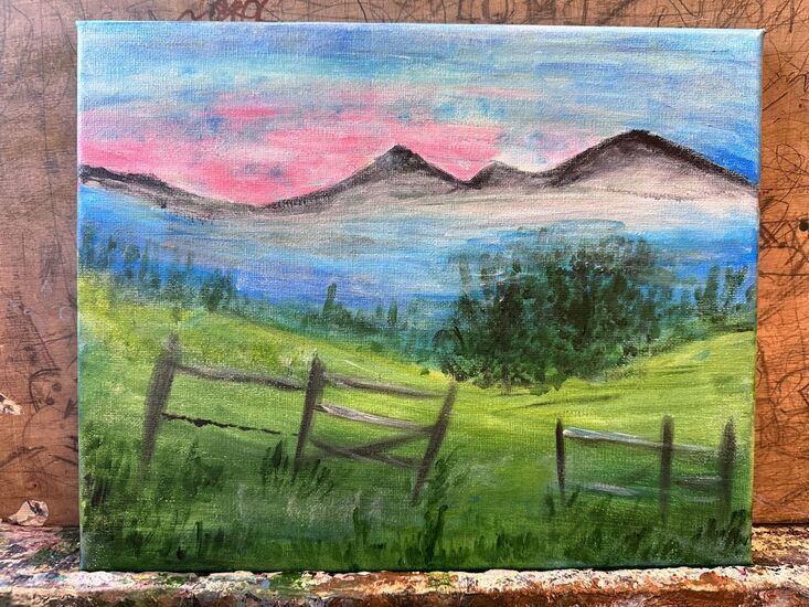 Obraz krajobraz góry, trawa, i niebiesko różowe chmury