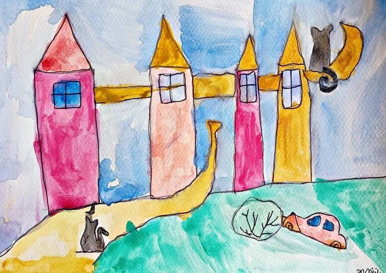 Praca akwarelowa przedstawiająca kolorowe domki