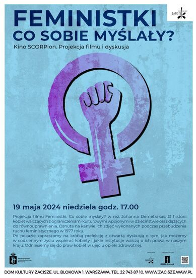 Plakat fioletowy symbol płci damskiej z podniesioną pięścią