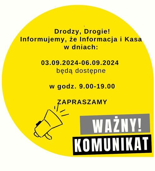 Grafika z żółtym kołem i komunikatem o godzinach pracy informacji i kasy