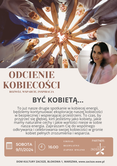 Plakat z grafiką kobiet trzymających się za ręce i zdjęciem prowadzącej