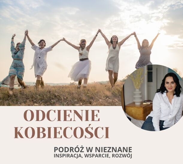 Grafika: Odcienie kobiecości, pięć kobiet trzymających się za ręce, w kółko zdjęcie uśmiechniętej kobiety brunetki.