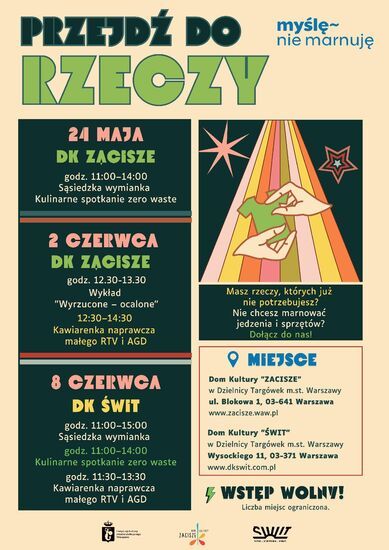 Plakat: Przejdź do rzeczy, myślę nie marnuję, 24 maja 2025, grafika z rękoma podającymi sobie rzeczy