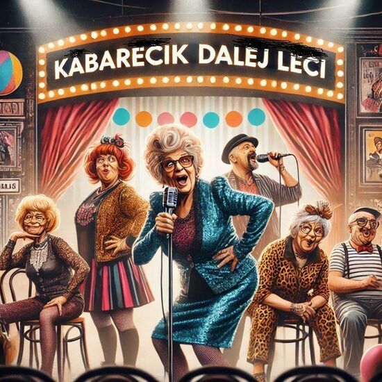 Plakat grupy teatralnej Kabarecik Dalej Leci. Rozbawieni seniorzy na scenie