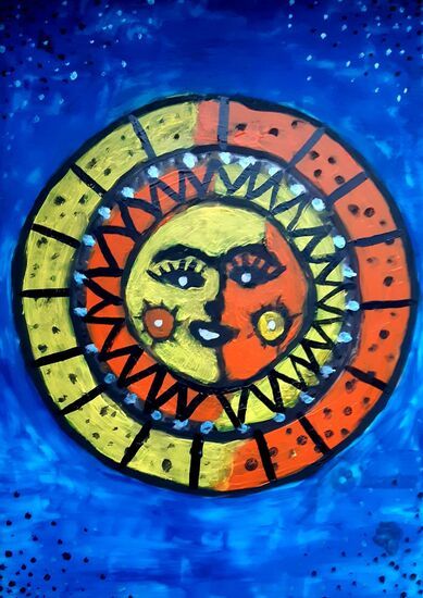 Zdjęcie: Praca plastyczna prezentująca mandale, z niebieskim tłem