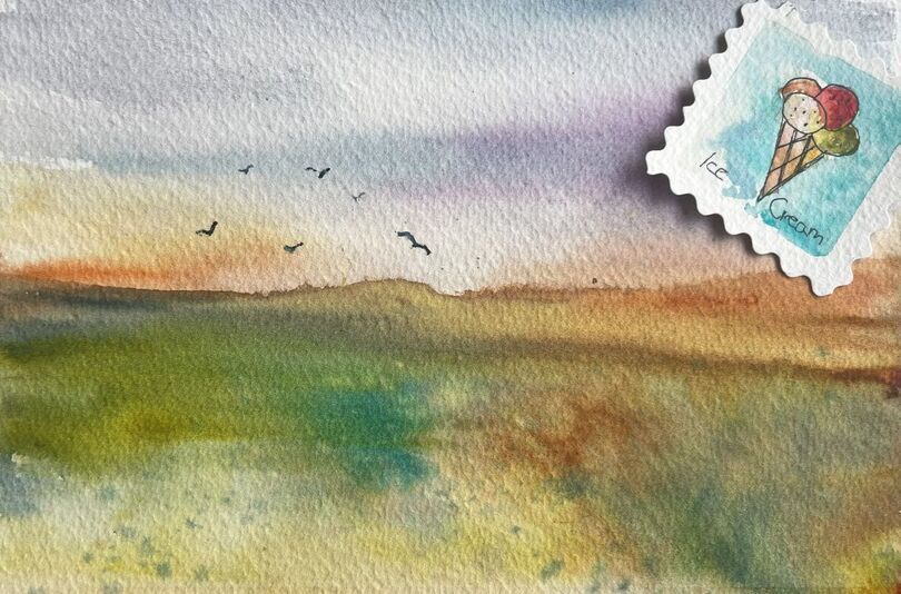 Zdjęcie: Pejzaż z łąką, ptakami i w rogu z lodem i napisem ice cream